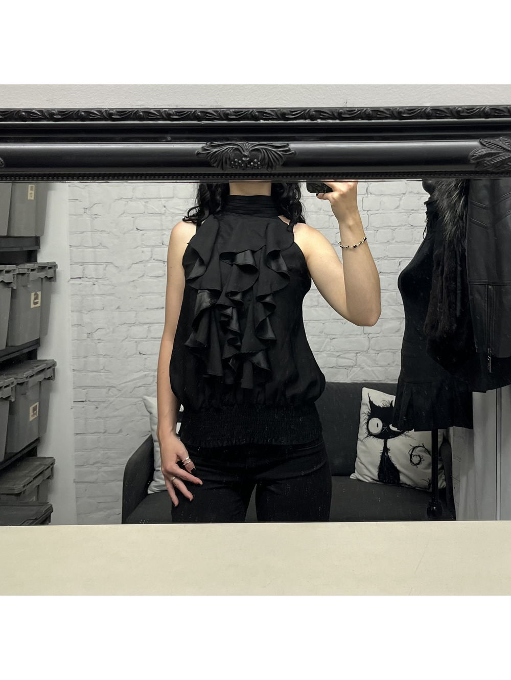 Vintage 100% Silk Black High Neck Top With Dramatic Ruffles Sz S Goth Evening - Picture 2 of 10